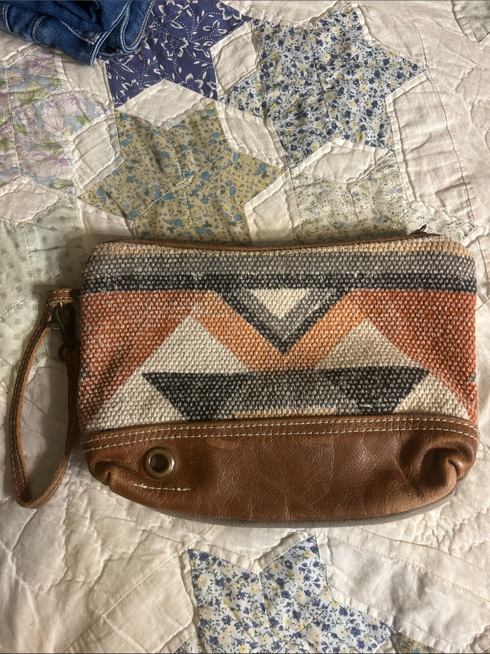 Myra Bag Handwoven Aztec Leather-Trim Wristlet Clutch in Tan & Orange